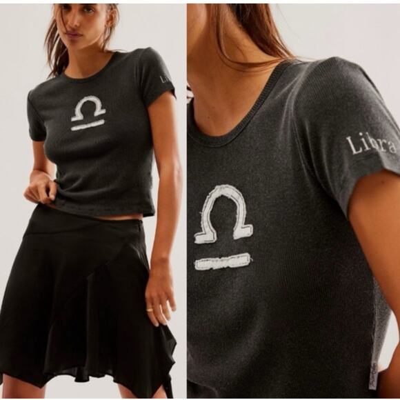 Free People x The Laundry Room Horoscope Zodiac Libra Rib Baby Tee Black L NWT - Picture 1 of 8